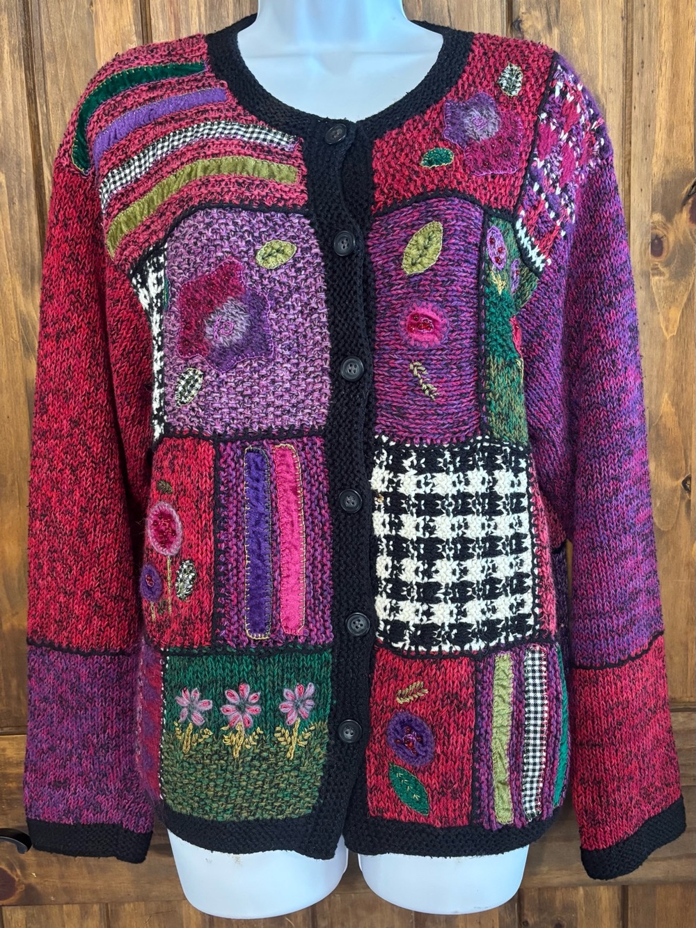Vintage 90s Susan Bristol Patchwork Knit Floral hippie boho Cardigan L